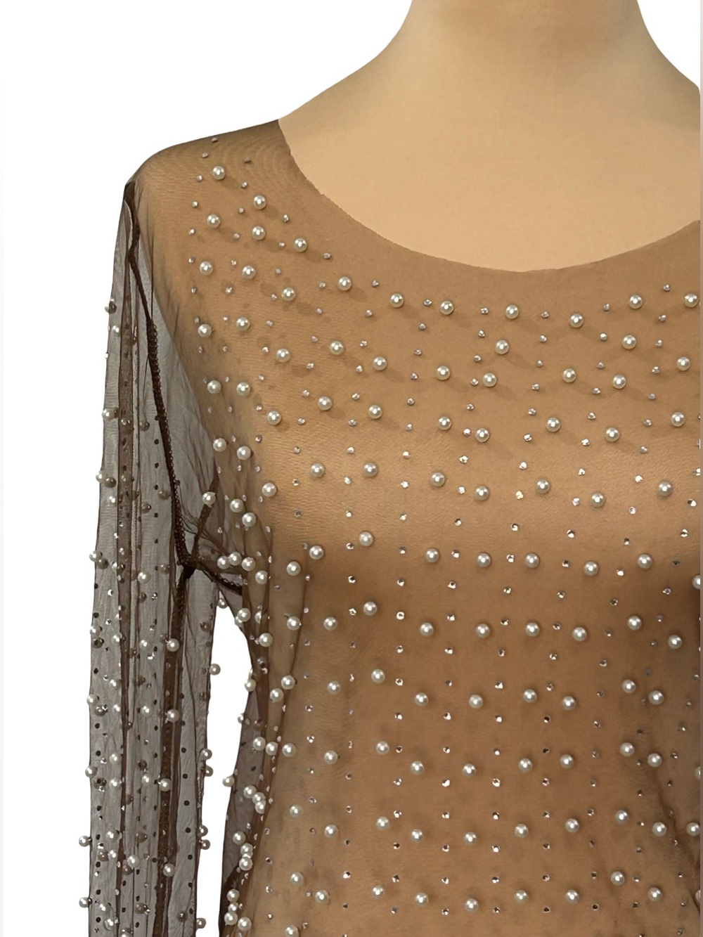 Womens M Brown Sheer Mesh Top Pearl Rhinestone Embellished Y2K Going Out Party - Picture 3 of 13